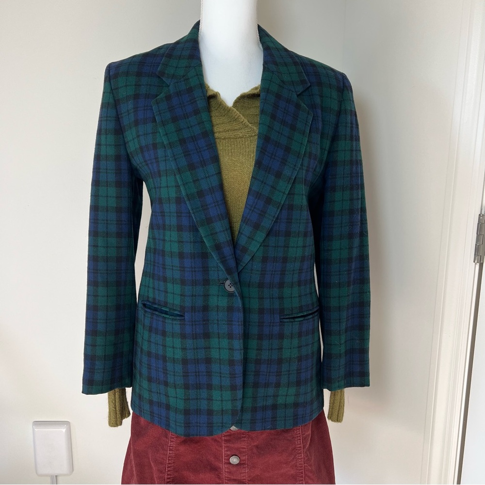 Pendleton Vintage 80s Blue & Green Plaid 100% Virgin Wool Blazer Jacket 🌲💙‎